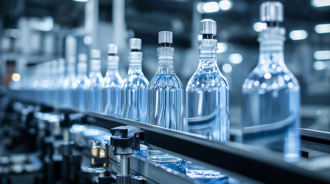 High-speed bottling plant, transparent bottles moving on conveyor, precise filling nozzles, bright clean industrial lighting. - Powered by Adobe