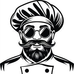 Cartoon chef with a beard and mustache is wearing stylish round sunglasses
