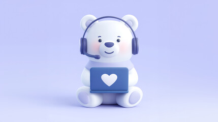 Obraz premium 3D cute white bear customer support character with headset and purple laptop on vertical lavender background for technology business and valentine's day mobile wallpaper