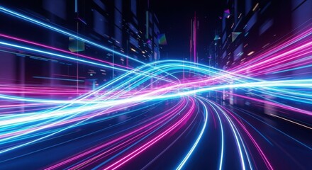 Neon light trails speed through a futuristic city showcasing vibrant blue and pink glowing streaks creating a dynamic abstract background representing technology data streams and modern urban energy.