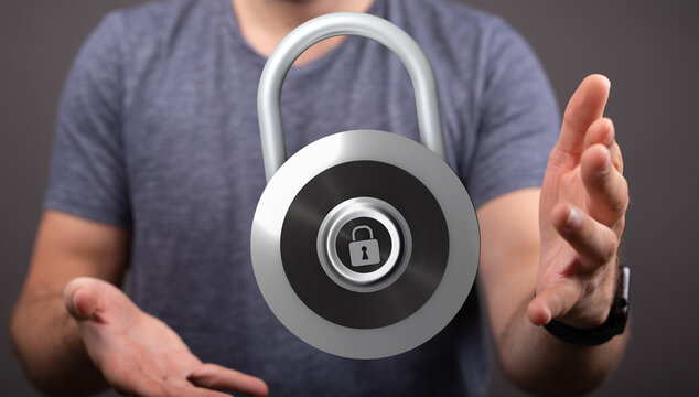 Secure concept, digital data protection. Man shows lock icon representing safety. Illustration of cyber securit