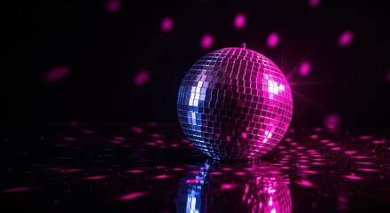 shining disco ball casts vibrant pink and purple neon lights on reflective surface. festive party and celebration concept. nightclub atmosphere. banner, poster.