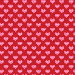 Seamless red background with repeating pink candy hearts and &ldquo;LOVE&rdquo; text, cute romantic pattern perfect for Valentine&rsquo;s Day cards, wedding decor, wrapping paper, textiles and digital designs.