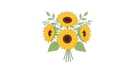 Illustration of a bouquet of sunflowers with green leaves on a white background.