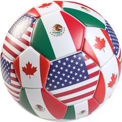 Soccer events in North America concept. A soccer ball covered with American, Mexican, Canadian flags isolated on transparent background © Andreas Prott