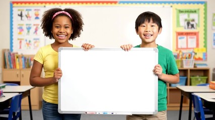 Two happy diverse children hold a blank whiteboard in a bright elementary school classroom. - Powered by Adobe