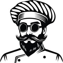 Bearded chef with round glasses and traditional toque shows culinary expertise in black and white
