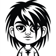 A cartoon boy with spiky hair and shirt is drawn in black and white