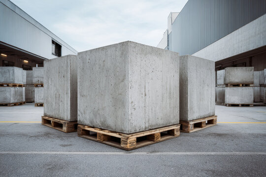 Large concrete blocks placed on wooden pallets in an industrial storage yard between modern warehouse buildings under an overcast sky
