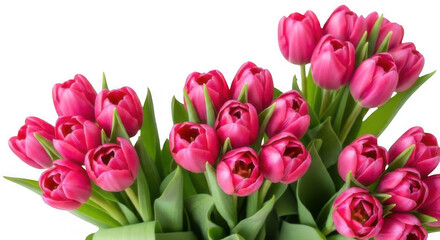 Obraz premium A beautiful large bouquet of fresh vibrant pink tulips with green leaves isolated on a clean white background.