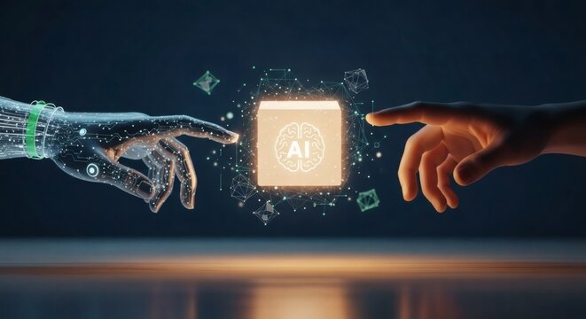 Ai technology connection between human and robotic hand – Illuminated AI Core - Powered by Adobe