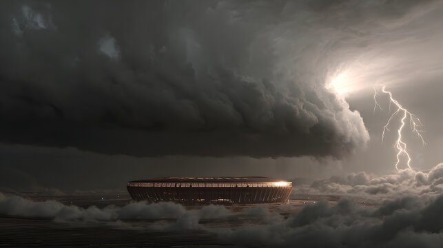 Dramatic cityscape view of a modern stadium under a stormy sky with lightning strikes, perfect for conveying power, resilience, and architectural innovation
