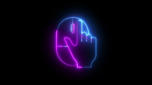 glowing neon hand with computer mouse icon animation on black background. hand using a computer mouse icon. Working online icon. Finger scrolls the wheel and clicks the button. mouse and hand icon.