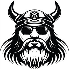 Black and white illustration shows a cool Viking warrior wearing sunglasses and helmet