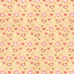 Seamless valentine pattern with hand-drawn hearts in pink, red and brown on warm beige. Cute romantic background for wrapping paper, scrapbooking, textiles, cards and digital projects.