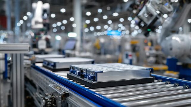 207EV battery cells in mid-production on conveyor, robots handling modules with precision, shiny casings catching overhead light, industrial environment conveying scale and modern tec