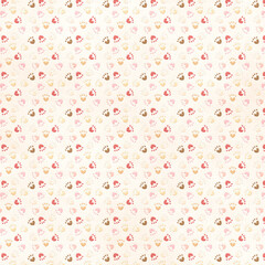 Seamless cream pattern with tiny paw prints and hearts in red, pink, tan and brown on textured paper—cute pet lover background for Valentine, kids, fabric, gift wrap, stationery, digital paper.