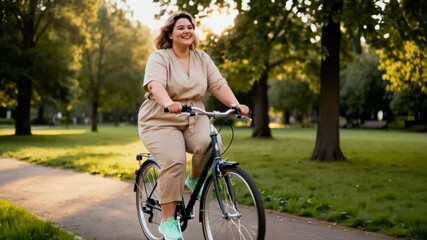 Happy plus-size woman smiling while riding a bicycle in a park. Curvy female enjoying an active outdoor lifestyle on a sunny day. Body positivity and wellness concept