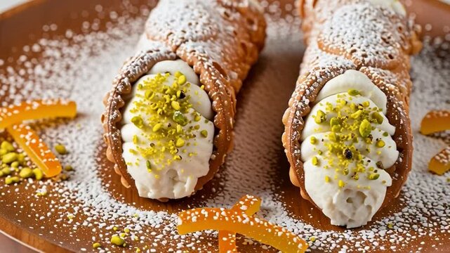 Traditional Sicilian cannoli dessert with creamy ricotta filling, chopped pistachios, and sugar