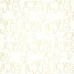 Seamless cream pattern with hand-drawn gold outline “LOVE” lettering and doodle hearts—playful romantic background for Valentine, wedding, wrapping paper, fabric, and stationery.