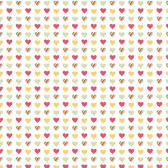 Seamless heart pattern—pink watercolor, yellow polka dot, green gingham and pastel striped hearts in neat rows on white; playful background for Valentine, kids, fabric, gift wrap, stationery.