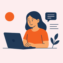 A modern flat-style illustration of a woman working on a laptop, ideal for remote work, freelancing, online learning, business blogs, digital services, office themes, and productivity concepts.