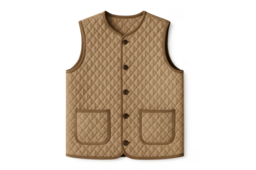 Tan quilted vest for men or women, isolated on transparent background, fashion.