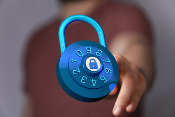 Digitally rendered image of a blue combination lock, representing online safety and data...
