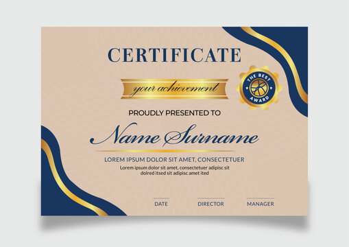 Certificate of achievement with gold ribbon and seal, presented to name surname