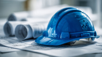 Blue protective helmet resting on architectural blueprints with rolled plans in the background for planning and construction project management safety