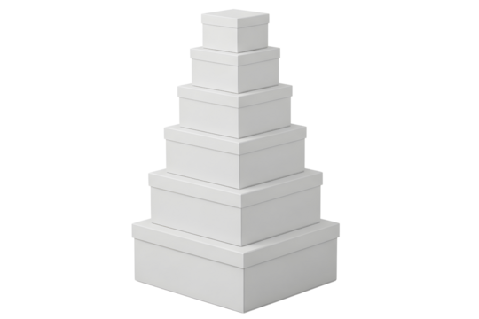 Three white gift boxes stacked on top of each other isolated on transparent background