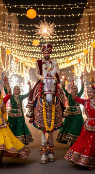 An elegant Indian groom in traditional Sherwani and turban making a grand entrance on a decorated white horse during a festive Baraat wedding procession at night