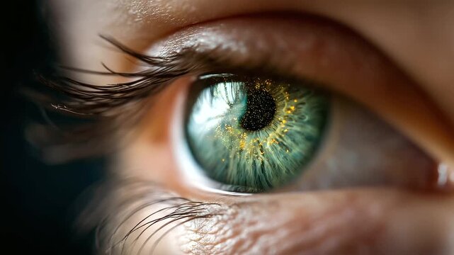 Extreme macro shot of human eye, detailed green iris with golden specks, black pupil, sharp focus on iris, eyelashes, skin texture visible, dark background enhances eye detail, mac