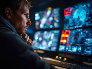 Male cybersecurity analyst monitoring multiple digital screens in a dark control room