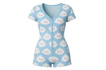 Baby blue romper pajamas with happy cloud pattern isolated on transparent