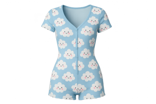 Baby blue romper pajamas with happy cloud pattern isolated on transparent