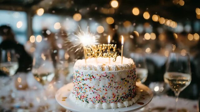 Birthday cake topped with glowing candles, shallow depth of field blurring cheerful friends around the table, confetti in mid-air and tiny sparkles catching light, festive mood
