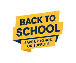 Flat vector banner design text Back to School subtitle Save up to 40% on supplies bold geometric font and navy palette ribbon folded shape