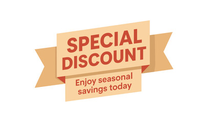 Flat vector banner design text Special Discount subtitle Enjoy seasonal savings today bold geometric font beige and red palette ribbon folded shape