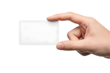 Hand holding a white credit card isolated on transparent background in studio