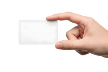 Hand holding a white credit card isolated on transparent background in studio
