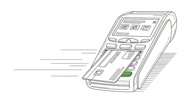Stylized digital rendering showing cashless transaction with card payment terminal