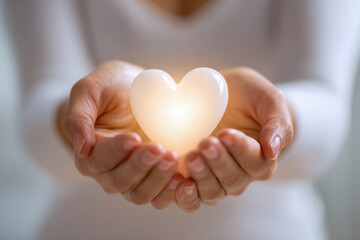 Fototapeta premium Hands gently holding a glowing heart-shaped object symbolizing love care compassion and warmth with a soft blurred background in a comforting gesture