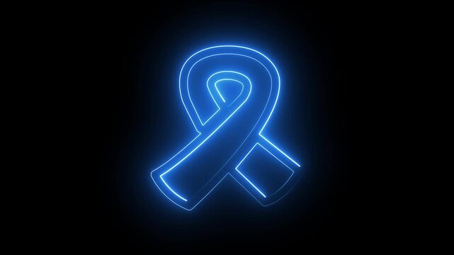 Blue Neon Awareness Ribbon Animation Flickering Loop on Dark Background. Prostate Cancer Symbol, Support, and Social Campaign