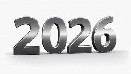  Silver chrome 3D &ldquo;2026&rdquo; on a plain white background, bright studio lighting