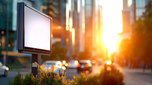 Huge blank billboard in downtown city, copy space for ad messages, modern urban scene with skyscrapers, streetlights, traffic at dusk, mockup for commercial promotion, business ann