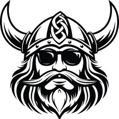 Cool Viking warrior with sunglasses and horned helmet gazes forward in stark black and white