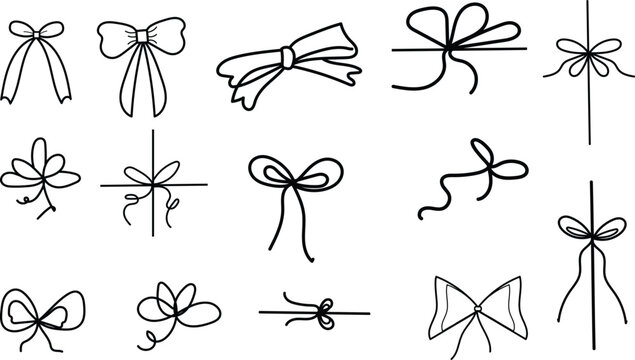 Line gift bow. Hand drawn ribbon with bow and knot, minimal doodle frame for birthday and Christmas present, wedding card, thin black rope, string decoration. Vector isolated set 