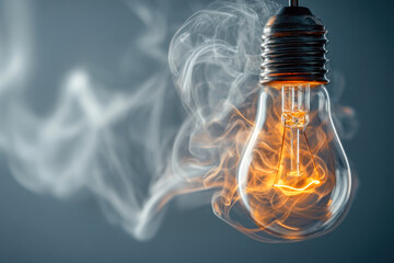 Glowing incandescent light bulb emitting swirling smoke against a dark background symbolizing creativity and innovation in a dramatic close-up shot