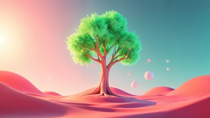 A computer generated image of a tree in the middle of a desert.